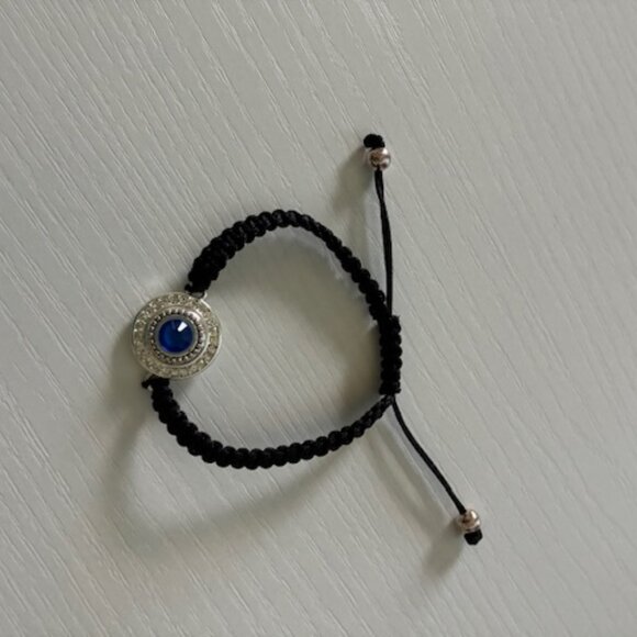 Bracelet - black braided cord with silver tone and blue rhinestone. Expandable. - Picture 3 of 3
